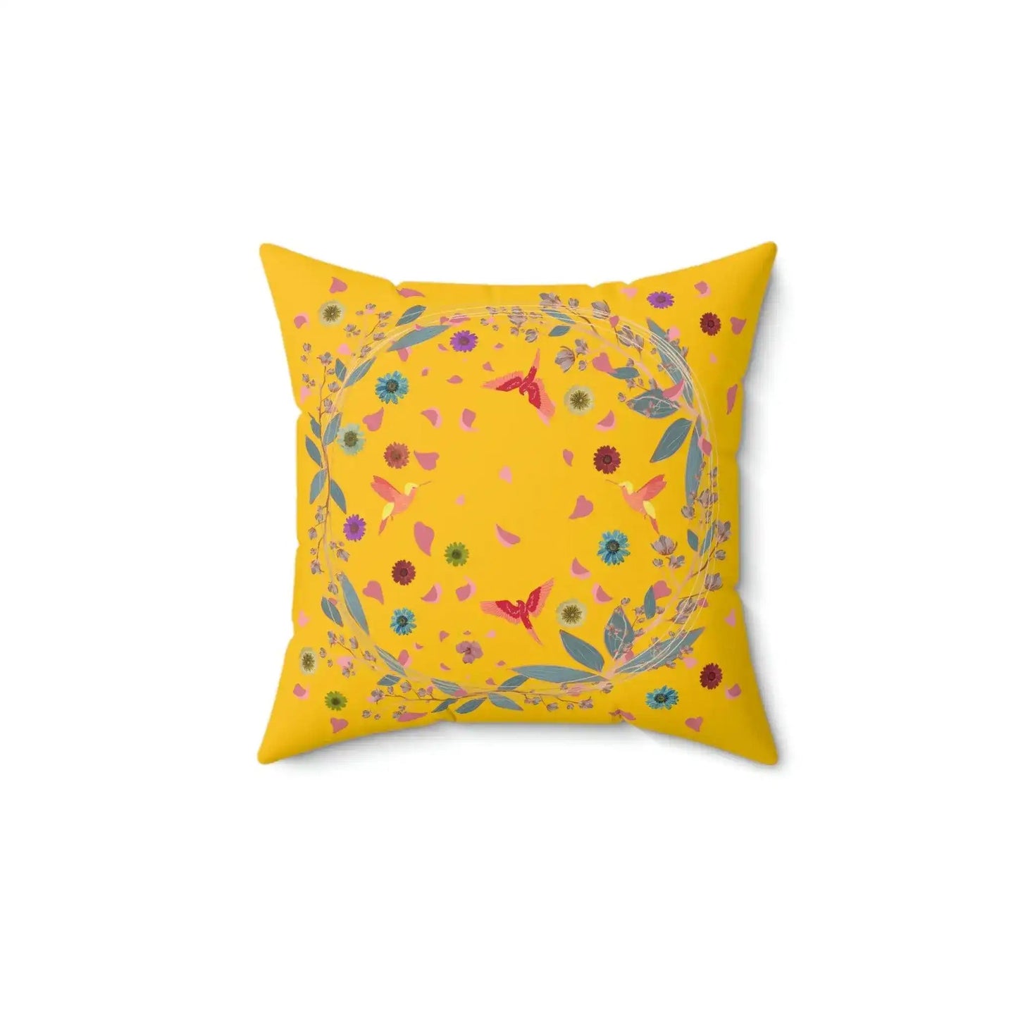 Bright Yellow Floral and Birds Printed Throw Pillow - MAIA HOMES