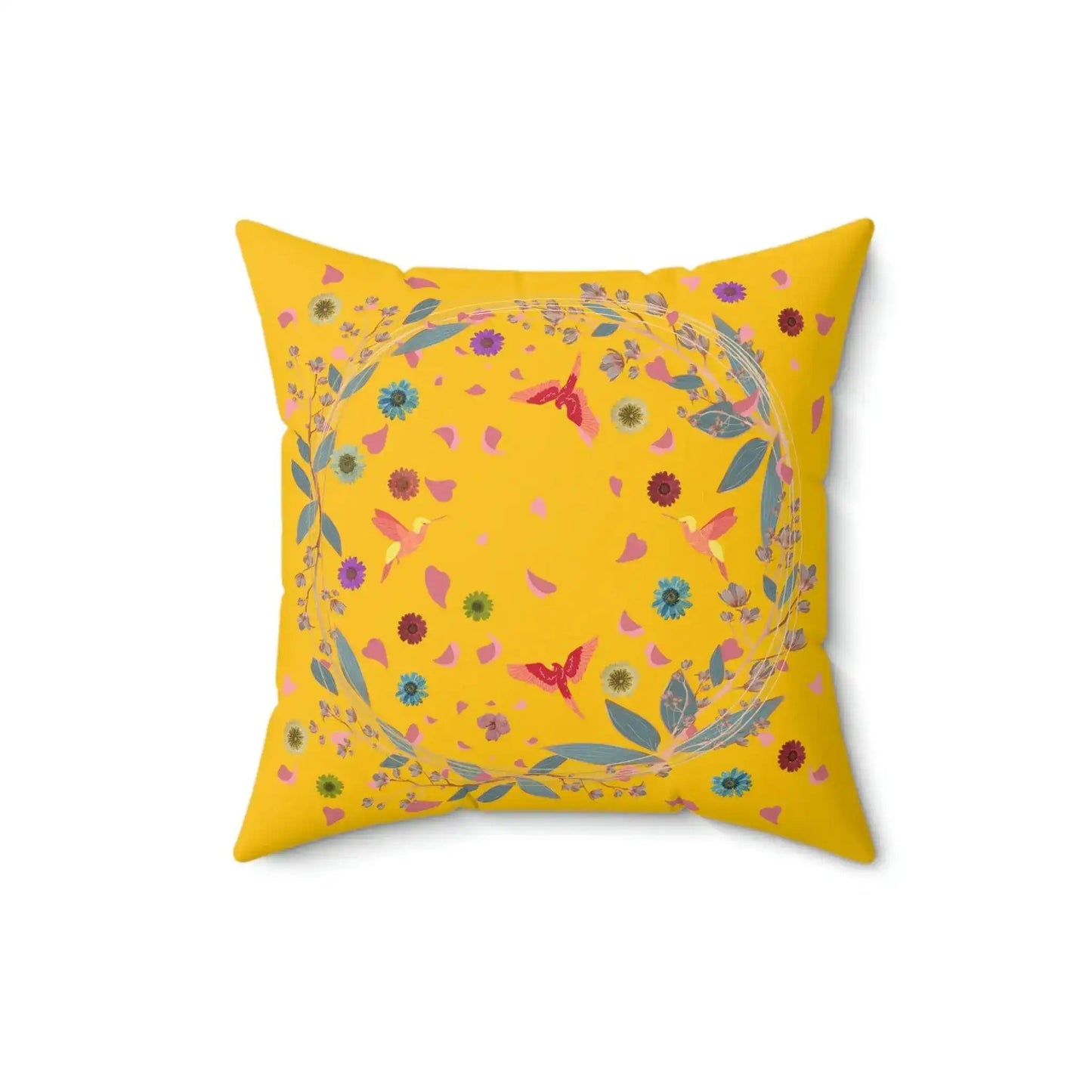 Bright Yellow Floral and Birds Printed Throw Pillow - MAIA HOMES