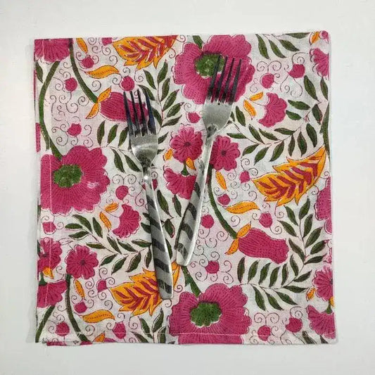 Colorful Spring Floral Block Printed Cotton Napkins