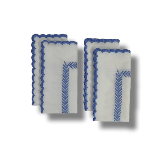 Embroidered Pink Fern White Cotton Scalloped Napkins - MAIA HOMES