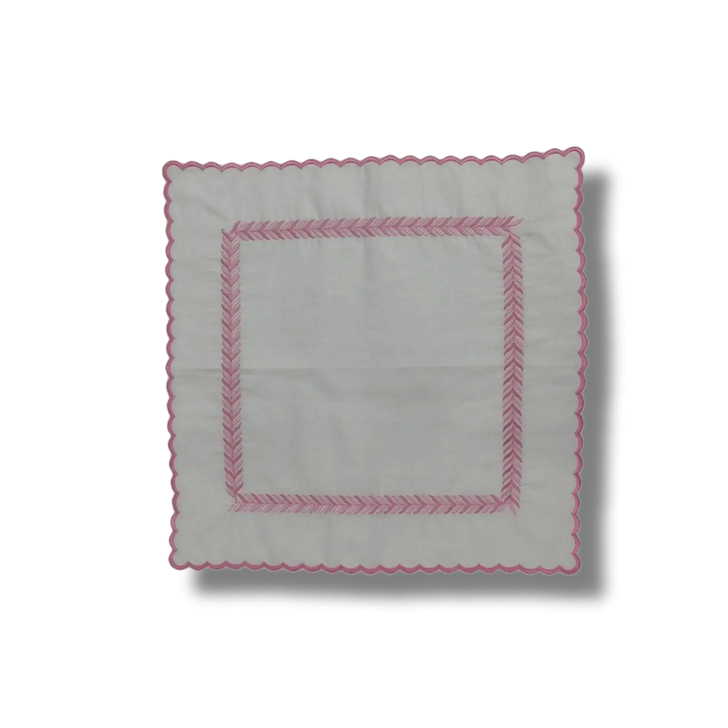 Embroidered Pink Fern White Cotton Scalloped Napkins - MAIA HOMES
