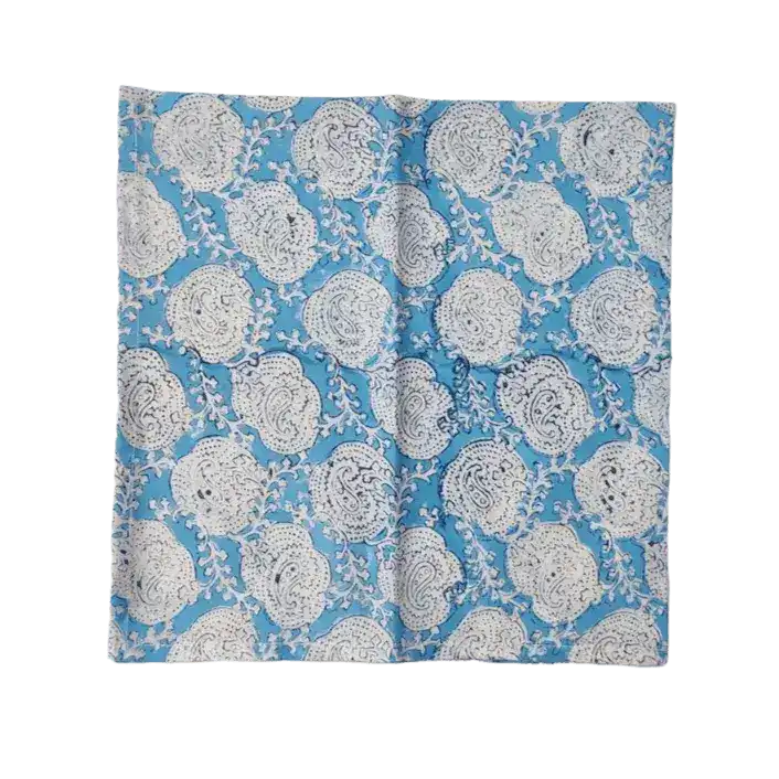 Floral White and Sky Blue Block Print Cotton Napkins
