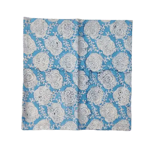 Floral White and Sky Blue Block Print Cotton Napkins