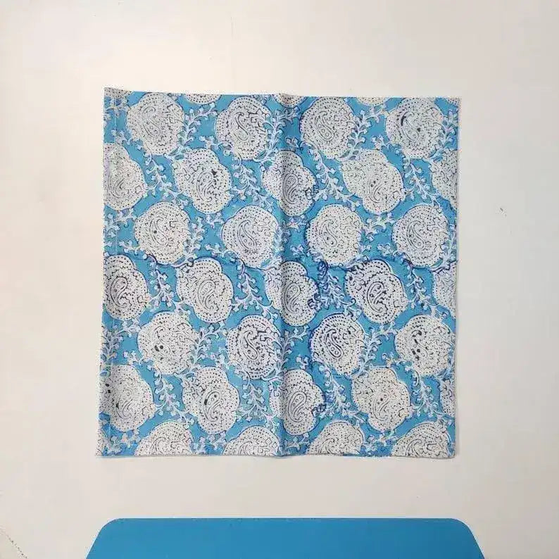 Floral White and Sky Blue Block Print Cotton Napkins