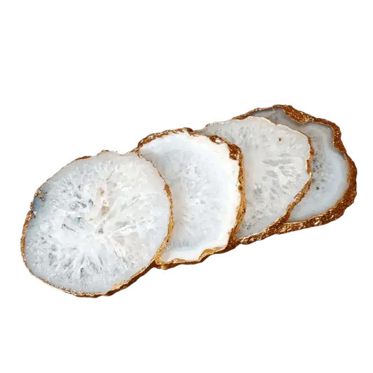 Gold Trim White Agate Crystal Geode Gemstone Coasters - Set of 4
