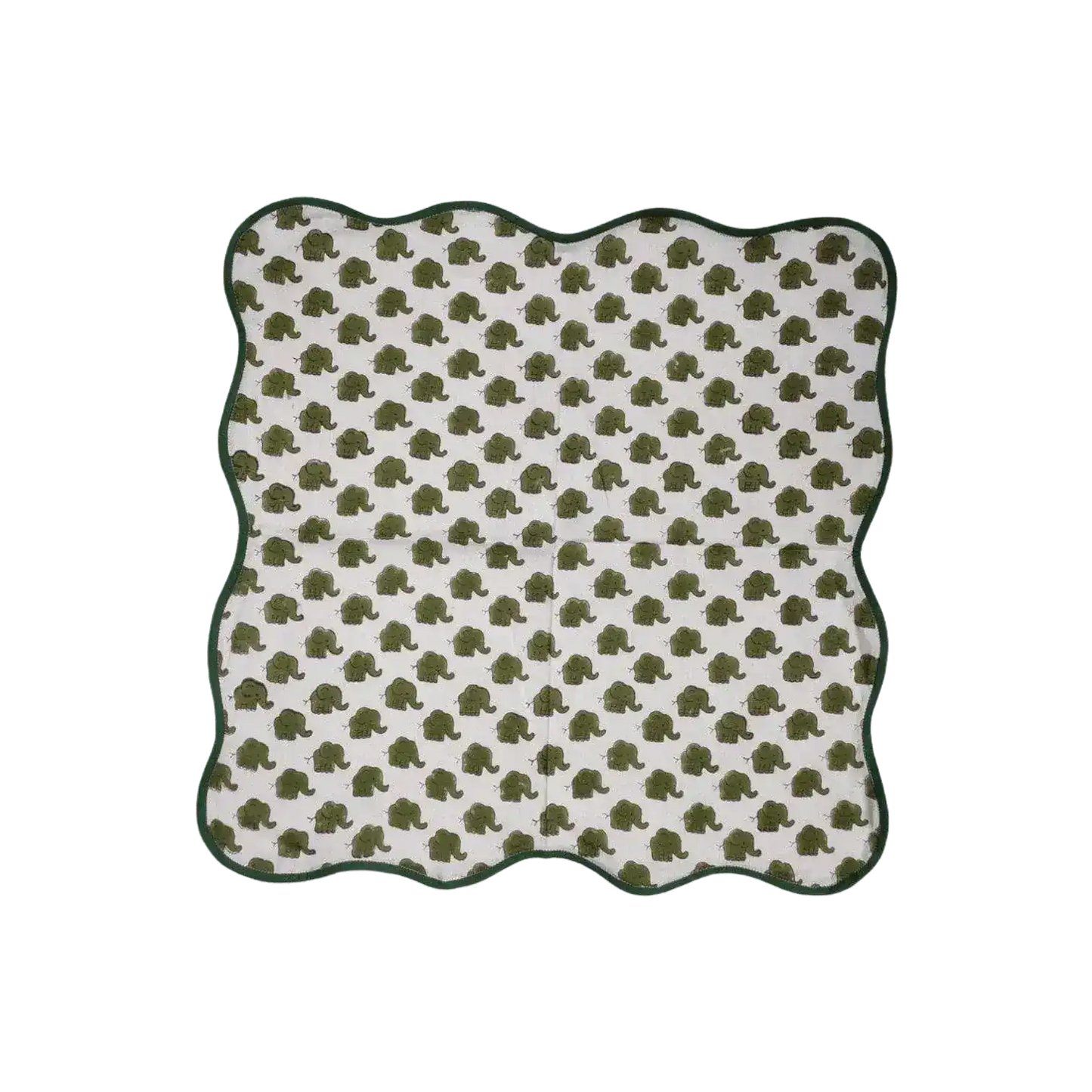 Green Dinosaur Block Print Scallop Cotton Napkins