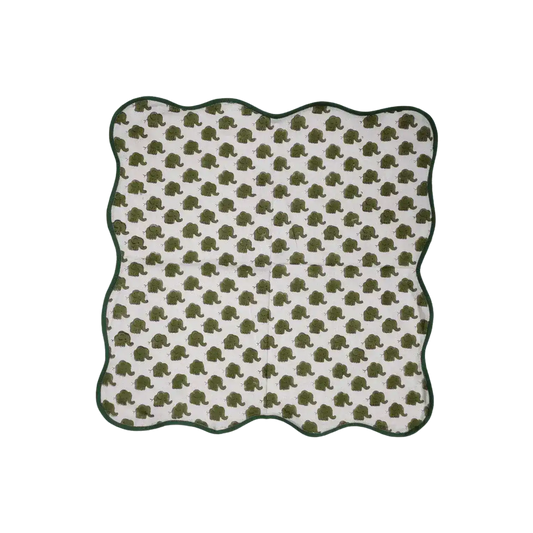 Green Dinosaur Block Print Scallop Cotton Napkins