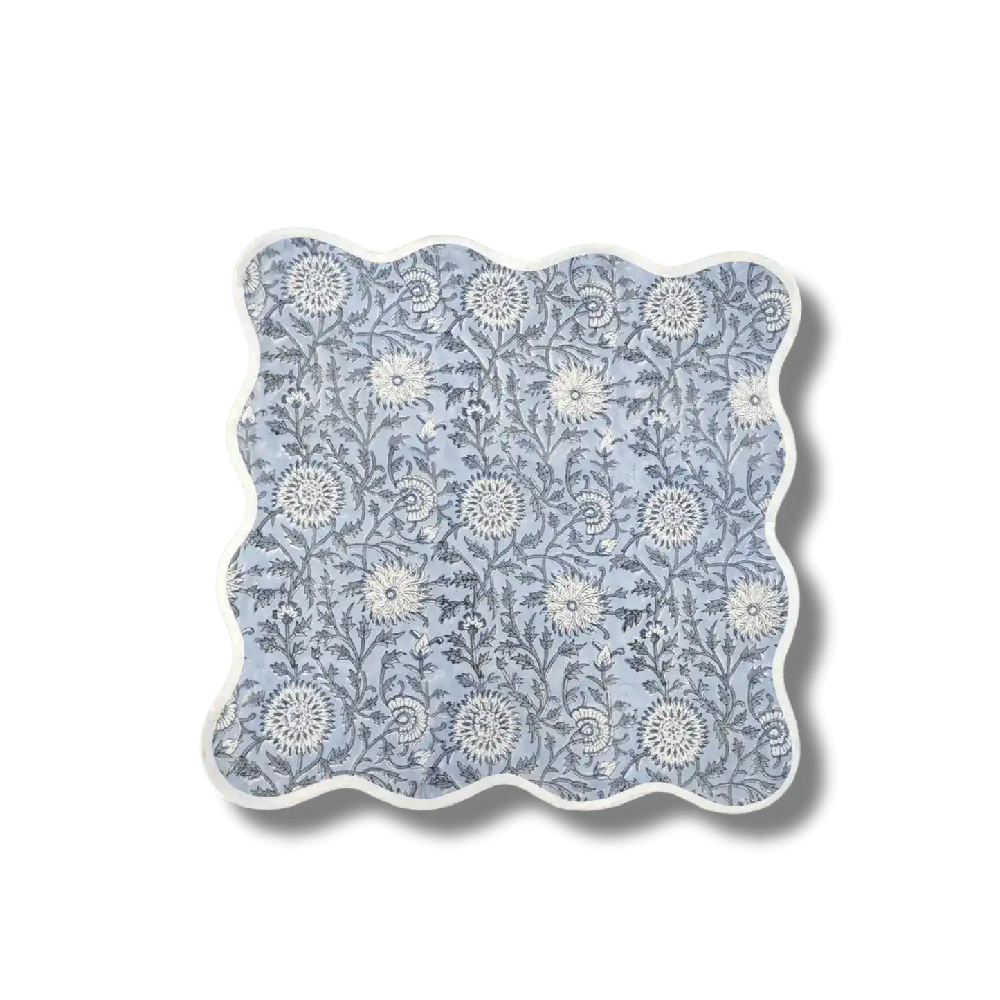 Hand Block Light Blue and Off White Scallop Cotton Napkins