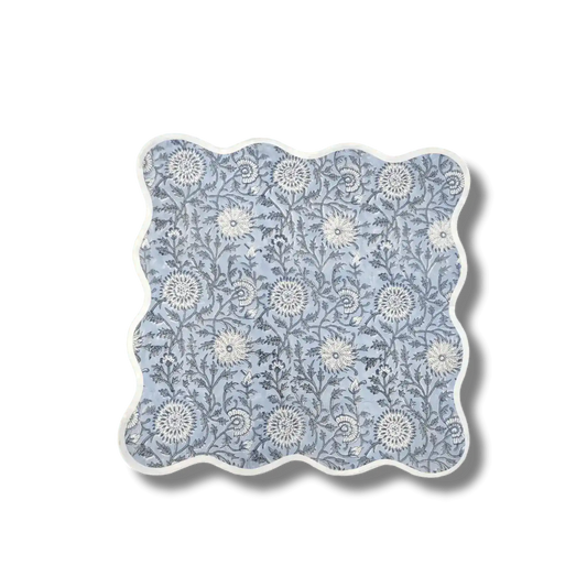 Hand Block Light Blue and Off White Scallop Cotton Napkins
