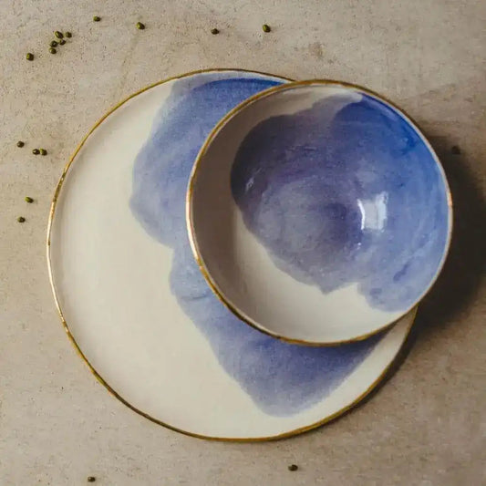 Hand Crafted Gold Trim Porcelain Blue and White Tableware