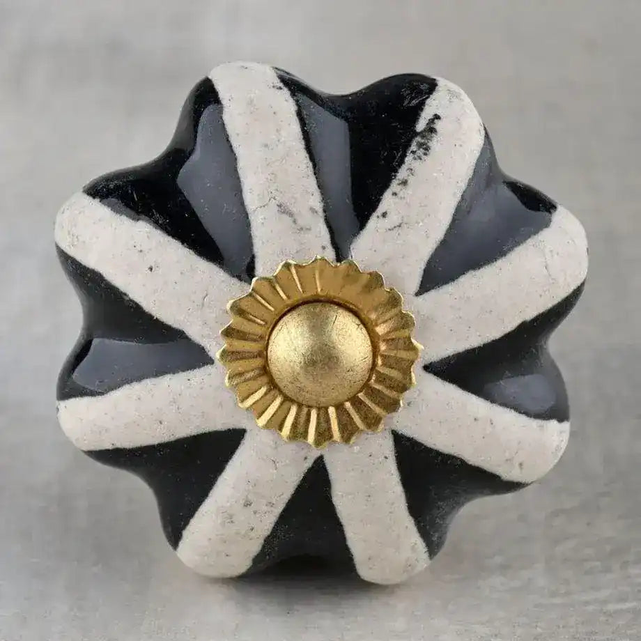 Hand Painted White Floral Dresser Cabinet Knob With Black Print - Set of 6 - MAIA HOMES