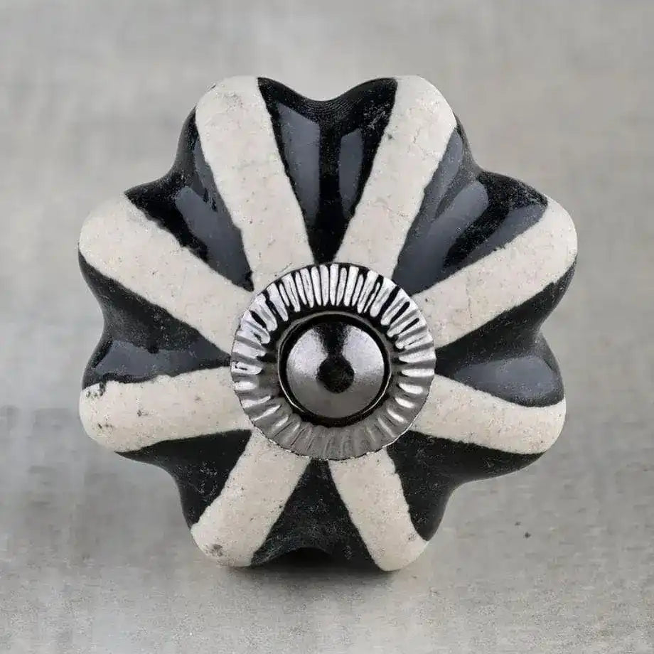 Hand Painted White Floral Dresser Cabinet Knob With Black Print - Set of 6 - MAIA HOMES