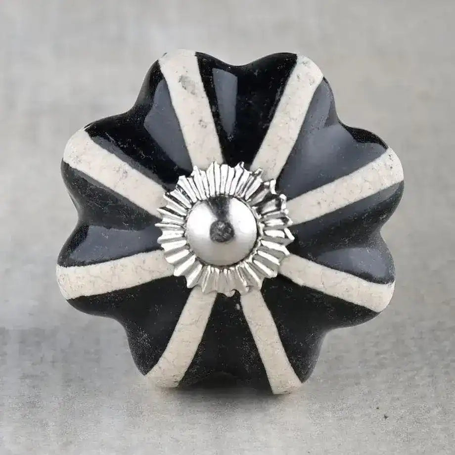 Hand Painted White Floral Dresser Cabinet Knob With Black Print - Set of 6 - MAIA HOMES