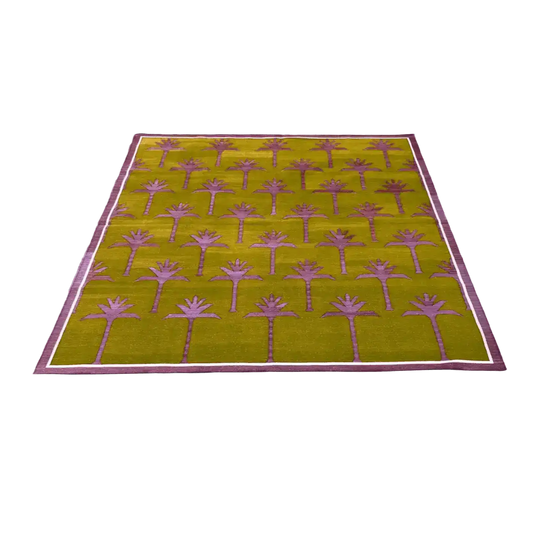 Handmade Palm Trees Cotton Rug - Pink/Olive Green