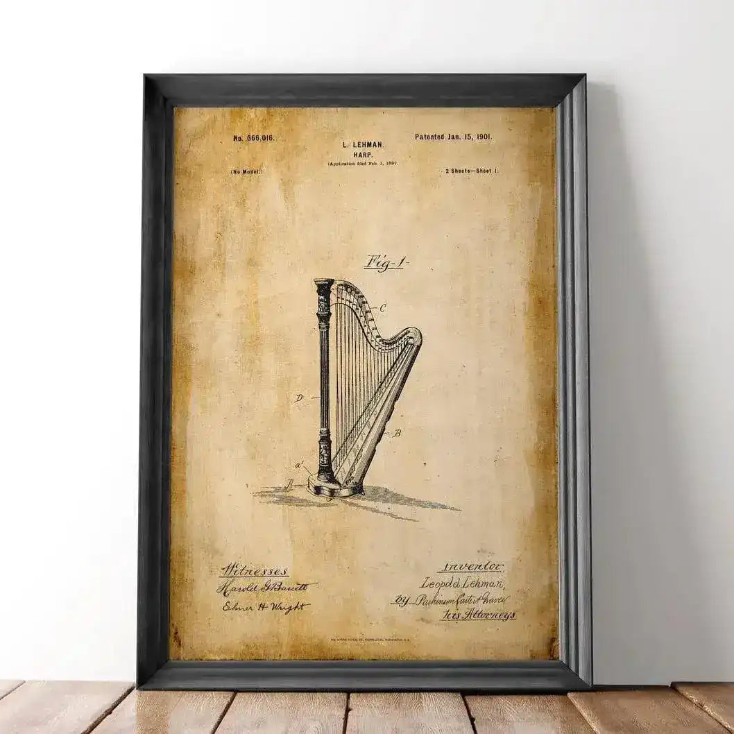 Harp Music Instrument Vintage Patent Print
