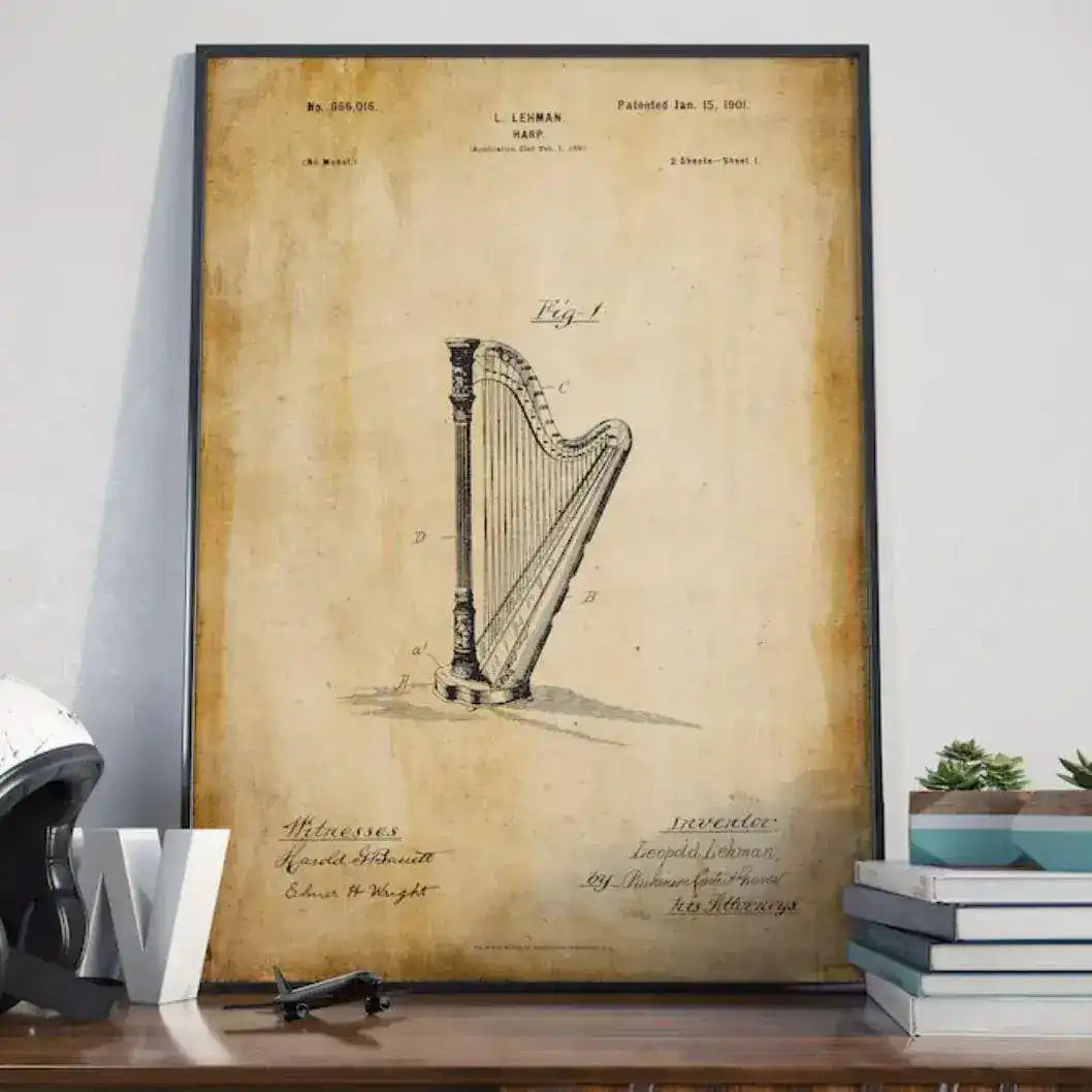 Harp Music Instrument Vintage Patent Print