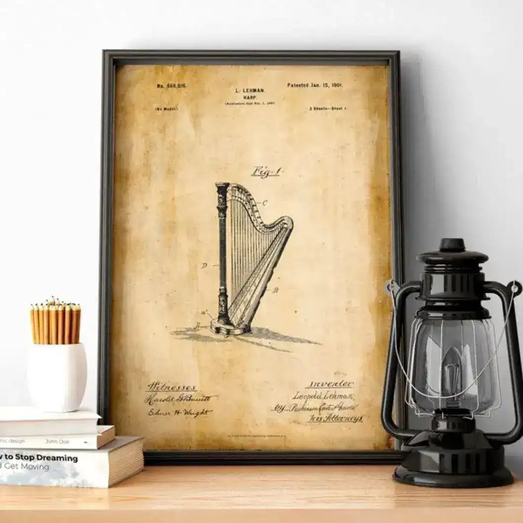 Harp Music Instrument Vintage Patent Print