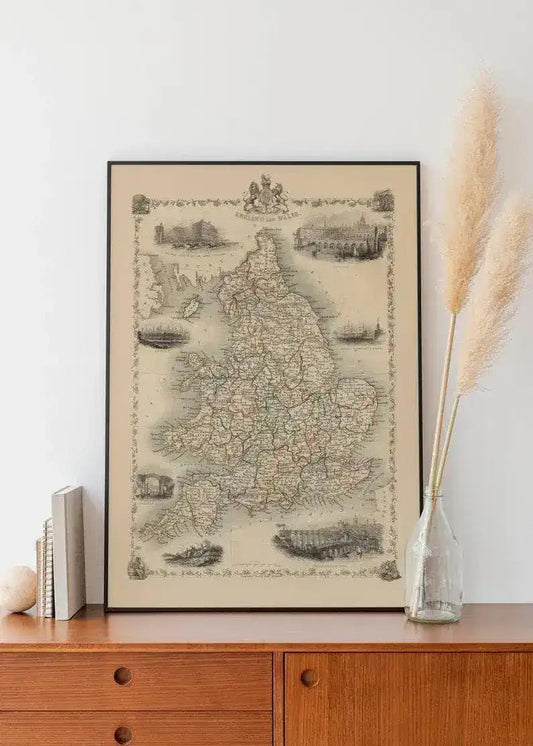 Historical Map of England and Wales 1851| Old Map Wall Decor