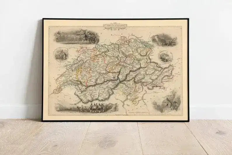 Historical Map of Switzerland 1851| Old Map Wall Decor