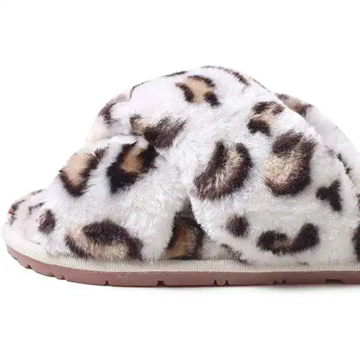 Leopard Print Faux Fur Cross Band Slippers