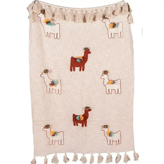 Llama African Mud Cloth Inspired Cotton Throw With Tassels