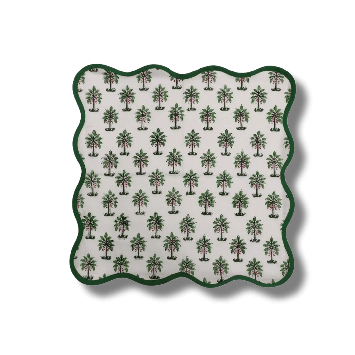 Lush Coconut Tree Block Printed Green and White Cotton Napkins