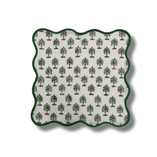 Lush Coconut Tree Block Printed Green and White Cotton Napkins