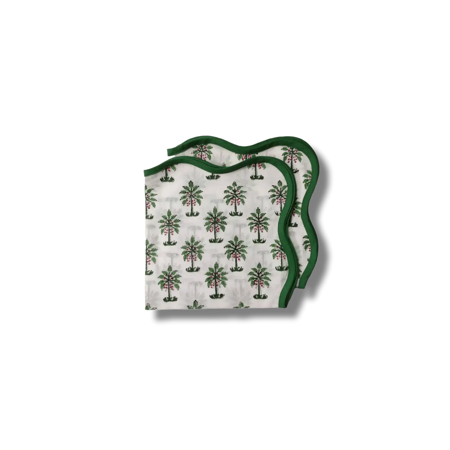 Lush Coconut Tree Block Printed Green and White Cotton Napkins