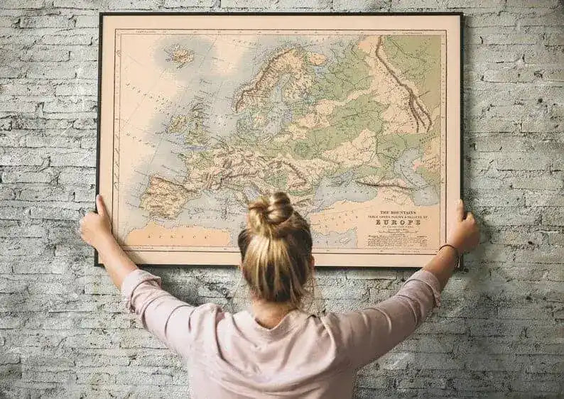 Map of Mountains, Lakes and Valleys of Europe 1852| Old Map Wall Decor