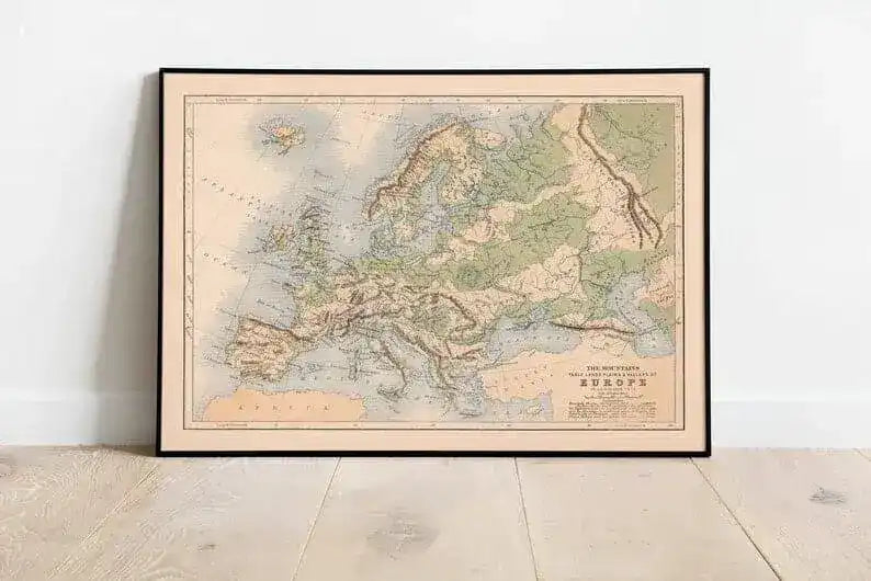 Map of Mountains, Lakes and Valleys of Europe 1852| Old Map Wall Decor