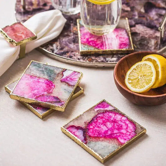 Mixed Colored Agate Coasters Square with Gold Trim Set of 4 - MAIA HOMES