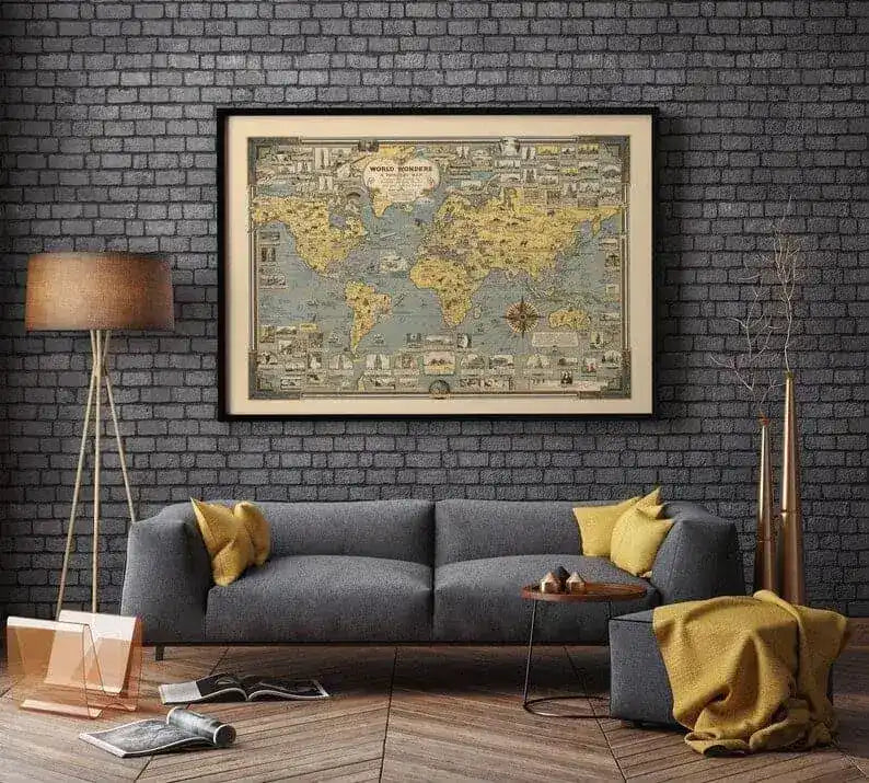 Pictorial Map Print of World Wonders| World Map Wall Print