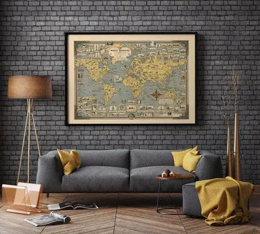 Pictorial Map Print of World Wonders| World Map Wall Print