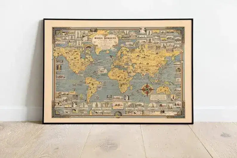 Pictorial Map Print of World Wonders| World Map Wall Print