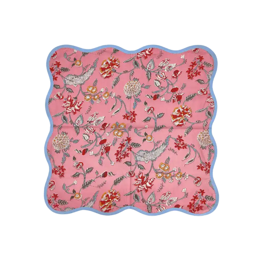 Pink Floral Block Printed Scalloped Cotton Napkins