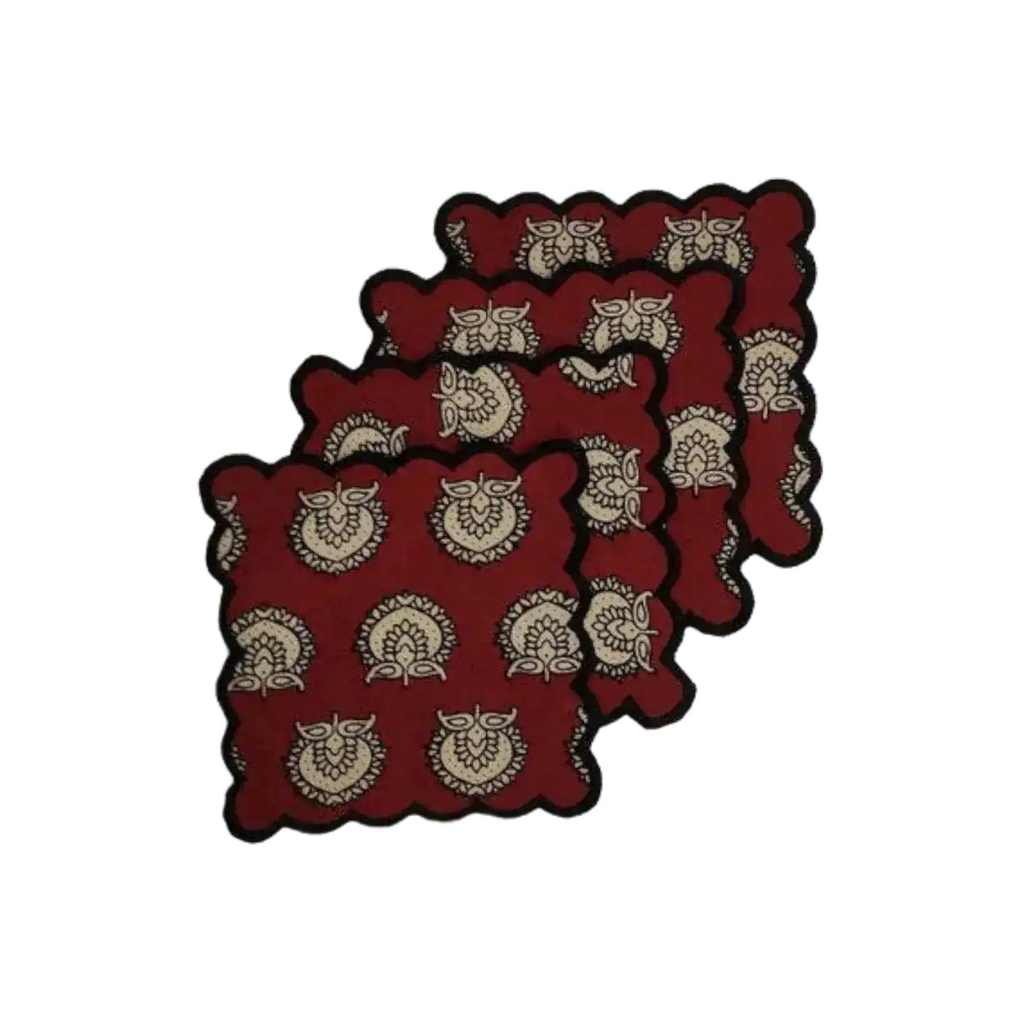 Red Block Printed Scalloped Cotton Napkins with Embroidered Trims