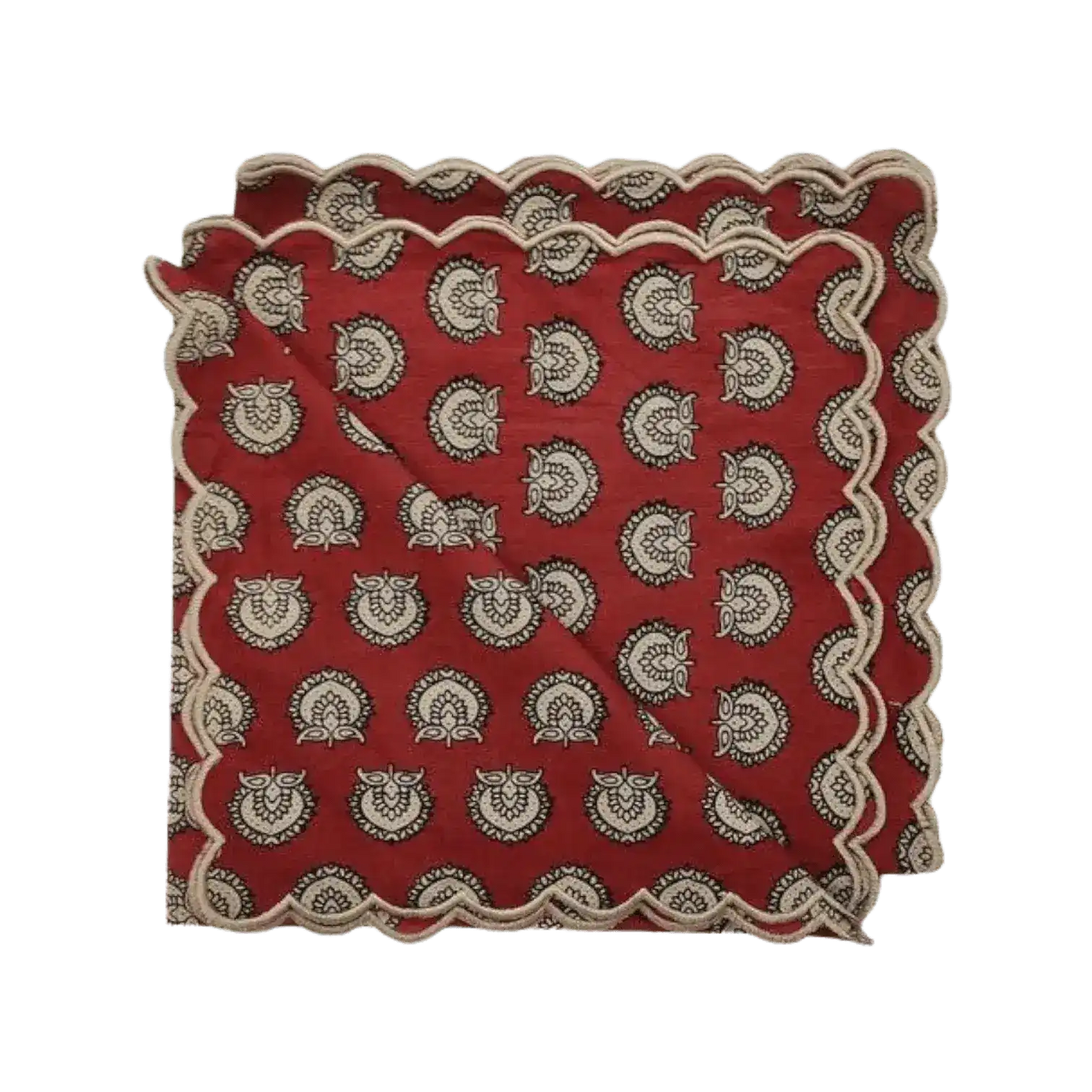 Red Block Printed Scalloped Cotton Napkins with Embroidered Trims
