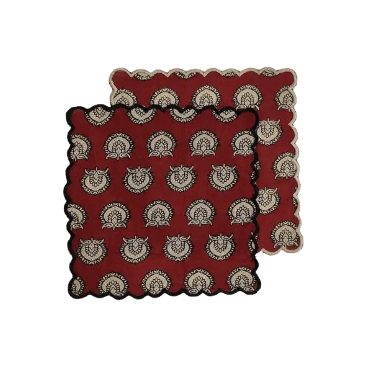 Red Block Printed Scalloped Cotton Napkins with Embroidered Trims