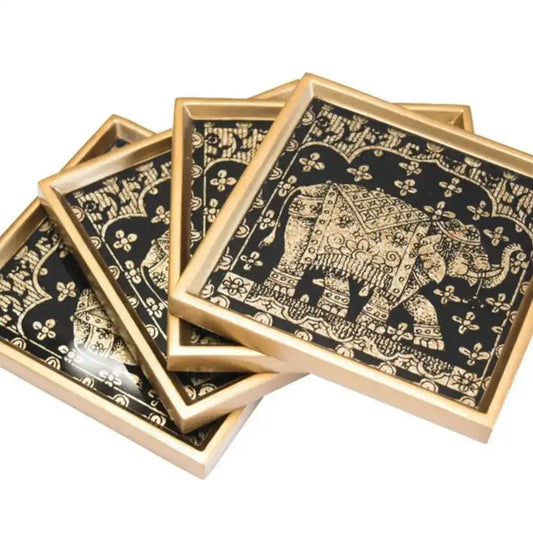 Reversed Painted Glass Gold Elephant Coasters - Set of 4