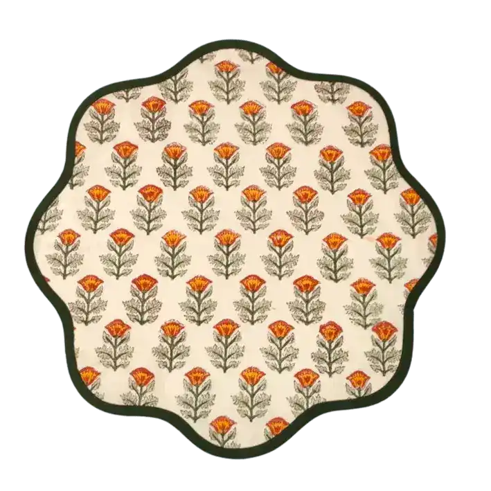 Sage Green Block Printed Flower Scalloped Placemats