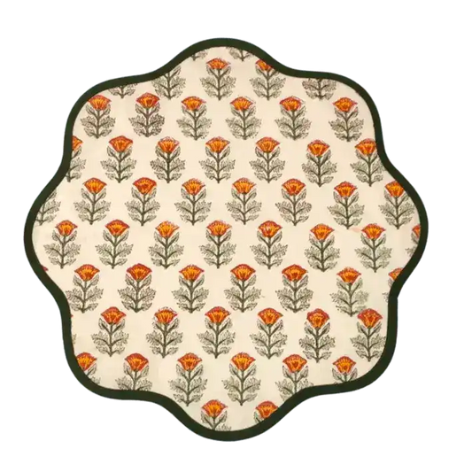 Sage Green Block Printed Flower Scalloped Placemats