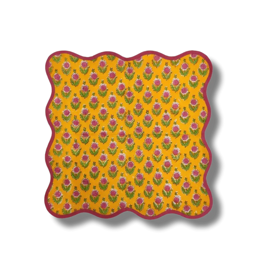 Scalloped Pink Flowers Yellow Block Printed Cotton Napkins