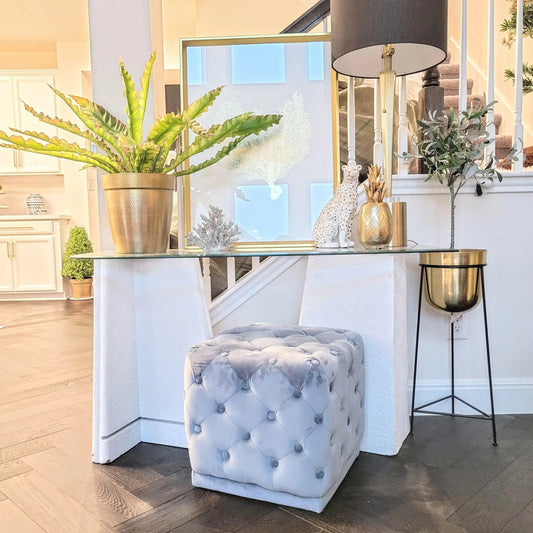 Square Tufted Velvet Upholstered Ottoman - Blue