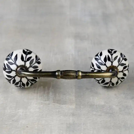Stylish Black Leaves White Ceramic Cabinet Pulls - Set of 4