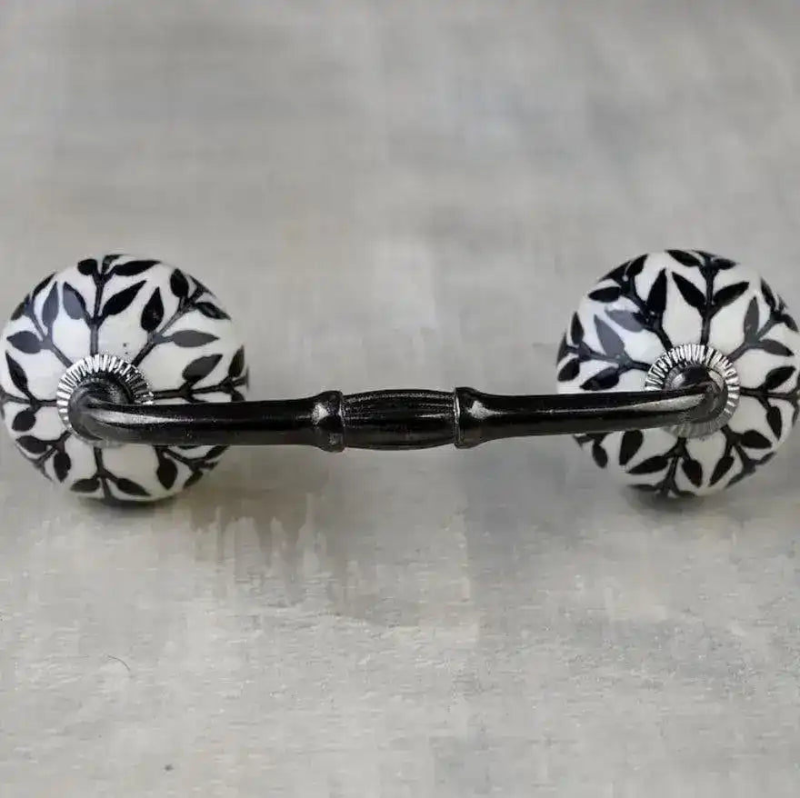 Stylish Black Leaves White Ceramic Cabinet Pulls - Set of 4