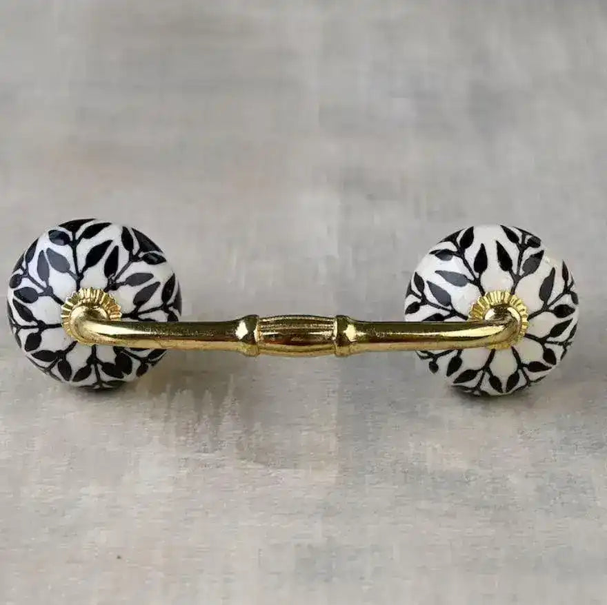 Stylish Black Leaves White Ceramic Cabinet Pulls - Set of 4