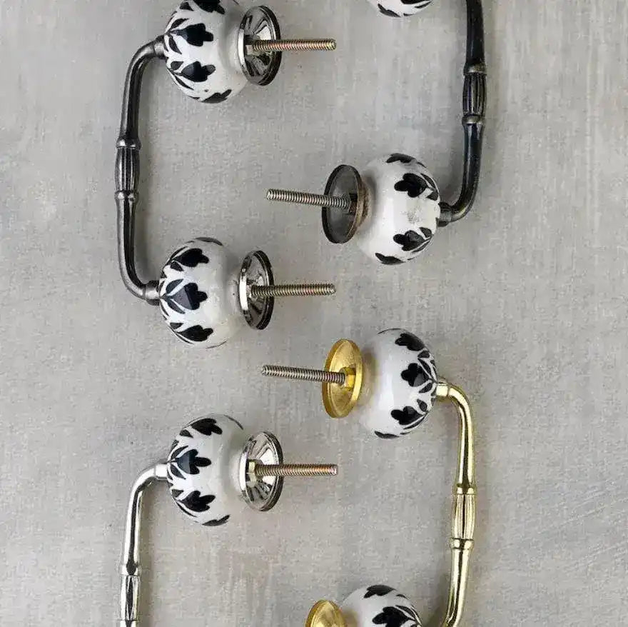 Stylish Black Leaves White Ceramic Cabinet Pulls - Set of 4