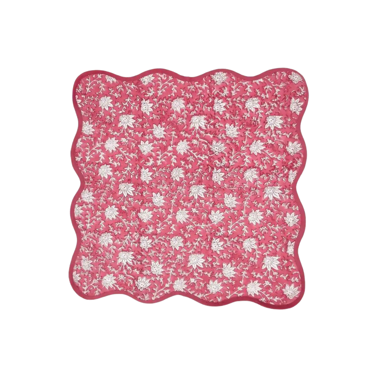 Traditional Pink Floral Block Printed Scalloped Cotton Napkins