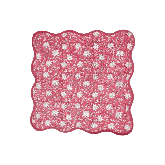 Traditional Pink Floral Block Printed Scalloped Cotton Napkins