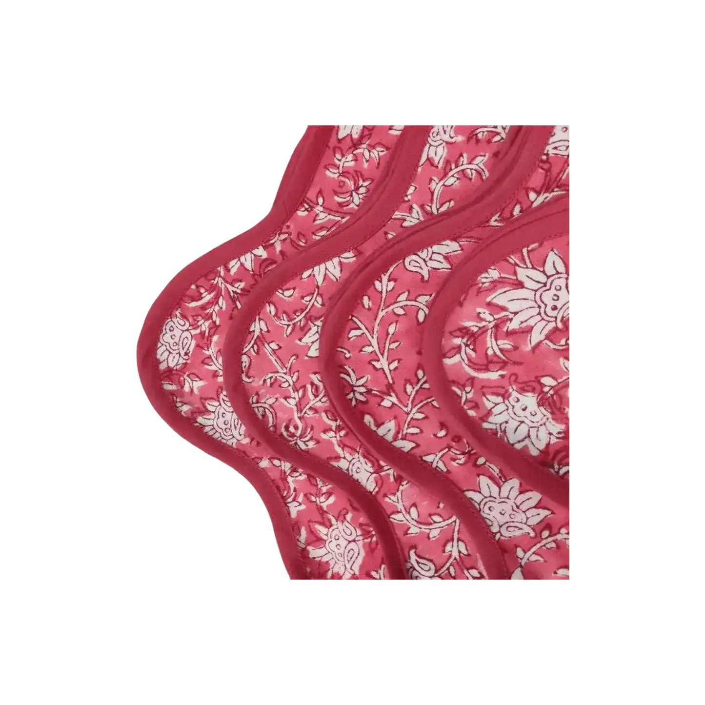 Traditional Pink Floral Block Printed Scalloped Cotton Napkins